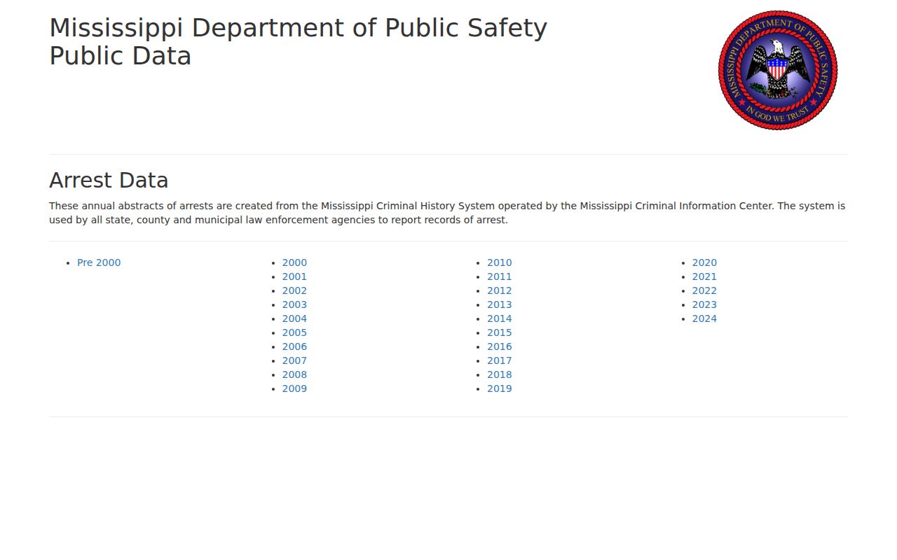Official Mississippi annual arrest data selector